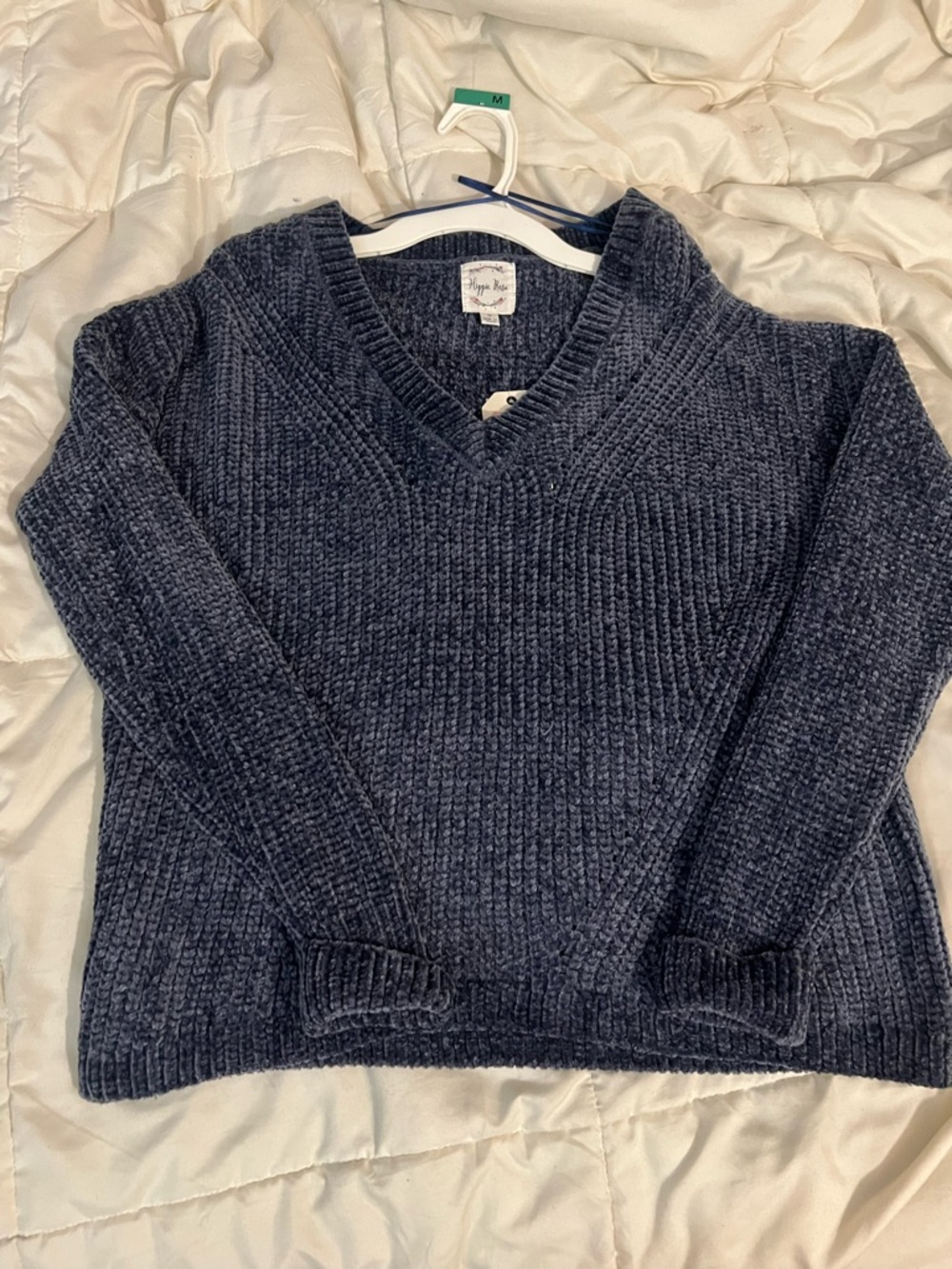 Hippie Rose Men's V-Neck Chenille Sweater - Navy Blue